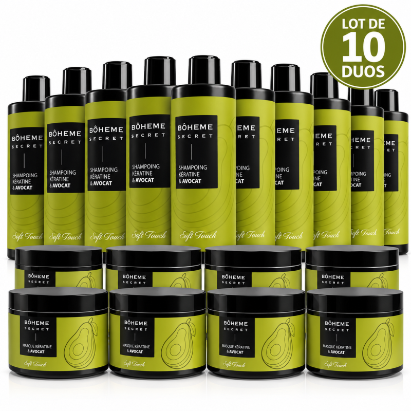 Lot X10 Shampoing & Masque Kératine Avocat - Bôheme Secret 500 ml