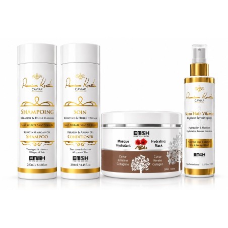 EM2H Rituel Hydratation Intensive Capillaire – Premium Keratin Caviar – Shampooing, Soin, Masque et Spray Nano Haïr Vitamin